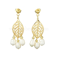 Natural Pearl Chandelier Earrings, Alloy Leaf Long Drop Earrings, Golden, 42.5x16mm(EJEW-TA00383)