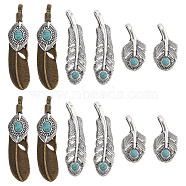 12Pcs 3 Styles Tibetan Style Alloy Big Pendants, with Synthetic Turquoise, Dyed, Leaf & Feather Charm, Mixed Color, 36~65x15~18x6~8.5mm, Hole: 4x6~9mm, 4pcs/style(FIND-SC0003-63)