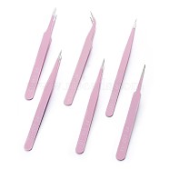 Stainless Steel Beading Tweezers Sets, Stainless Steel Color, Pearl Pink, 11.7~12.5x0.9~1.05cm, Packaging Size: 13.7x12.6cm, 6pcs/set(TOOL-F006-11B)