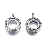 Alloy Magnetic Locket Pendants, with Rhinestone and Glass, Flat Round, Crystal, Platinum, 26x19x8mm, Hole: 3.5mm, Inner diameter: 10.5mm(PALLOY-T052-21P)