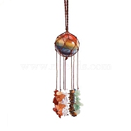 Round Natural Mixed Stone Pouch Pendant Decorations, Braided Thread and Gemstone Chip Tassel Hanging Ornaments, 210x30mm(PW-WG13235-07)