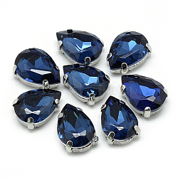 Sew on Rhinestone, Multi-strand Links, Glass Rhinestone, with 201 Stainless Steel Prong Settings, Garments Accessories, Faceted, teardrop, Prussian Blue, 25x18x8mm, Hole: 1.2mm(RGLA-T035-18x25mm-14)