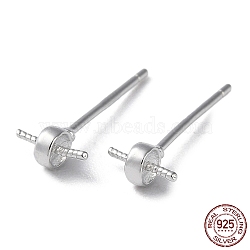 Rhodium Plated 925 Sterling Silver Stud Earring Findings, Flat Round, for Half Drilled Beads, with S925 Stamp, Real Platinum Plated, 15x6.5mm, Pin: 11x0.9mm and 0.6mm(STER-M115-12P)