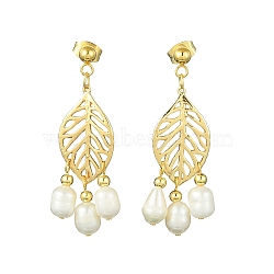 Natural Pearl Chandelier Earrings, Alloy Leaf Long Drop Earrings, Golden, 42.5x16mm(EJEW-TA00383)