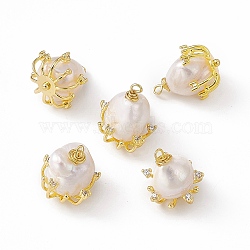 Rack Plating Brass Pendants, Flower Charms, with Natural Pearl, Long-Lasting Plated, Cadmium Free & Nickel Free & Lead Free, Real 18K Gold Plated, 19x14x15.5mm, Hole: 1.8mm(KK-C007-18G)