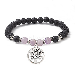 Natural Lava Rock & Natural Amethyst Gemstone Round Beaded Stretch Bracelet, with Alloy Tree of Life Charms, Inner Diameter: 2-1/2 inch(6.5cm)(BJEW-JB09767-05)