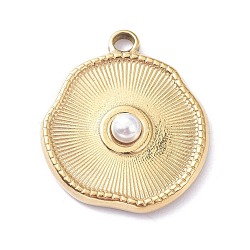 Ion Plating(IP) 304 Stainless Steel Pendants, with White Plastic Imitation Pearl Beads, Flat Round, Golden, 22.5x19.5x4.5mm, Hole: 2.4mm(STAS-O150-10G)