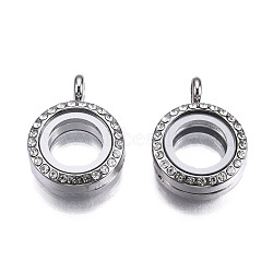 Alloy Magnetic Locket Pendants, with Rhinestone and Glass, Flat Round, Crystal, Platinum, 26x19x8mm, Hole: 3.5mm, Inner diameter: 10.5mm(PALLOY-T052-21P)