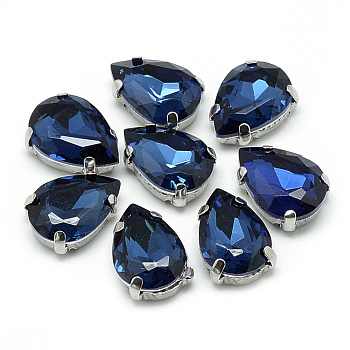 Sew on Rhinestone, Multi-strand Links, Glass Rhinestone, with 201 Stainless Steel Prong Settings, Garments Accessories, Faceted, teardrop, Prussian Blue, 25x18x8mm, Hole: 1.2mm