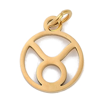 Ion Plating(IP) 304 Stainless Steel Charms, with Jump Ring, Laser Cut, Real 18K Gold Plated, Ring with Constellation Charm, Taurus, 13.5x11x1mm, Hole: 3mm