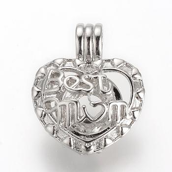Mother's Day Theme, Alloy Diffuser Locket Pendants, Cage Pendants, Heart with Best Mom, Platinum, 23x19.5x10mm, Hole: 3.5x4.5mm, inner measure: 8.5mm