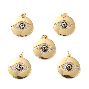Brass Micro Pave Cubic Zirconia Pendants, Long-Lasting Plated, Cadmium Free & Lead Free, Flat Round with Eye, Real 18K Gold Plated, 21.5x19x3.5mm, Hole: 3.4mm