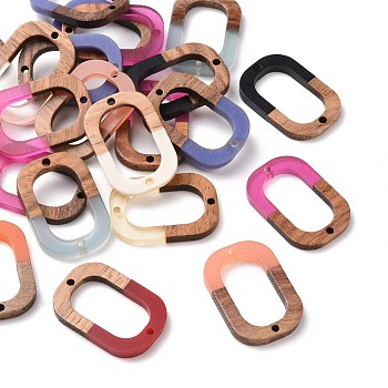 Resin & Walnut Wood Links connectors, Oval, Mixed Color, 28x19.5x4mm, Hole: 1.8mm
