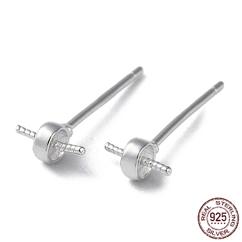 Rhodium Plated 925 Sterling Silver Stud Earring Findings, Flat Round, for Half Drilled Beads, with S925 Stamp, Real Platinum Plated, 15x6.5mm, Pin: 11x0.9mm and 0.6mm