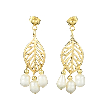 Natural Pearl Chandelier Earrings, Alloy Leaf Long Drop Earrings, Golden, 42.5x16mm