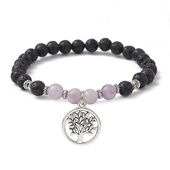 Natural Lava Rock & Natural Amethyst Gemstone Round Beaded Stretch Bracelet, with Alloy Tree of Life Charms, Inner Diameter: 2-1/2 inch(6.5cm)