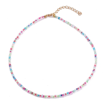 Round Transparent Inside Colours Glass Seed Beaded Necklaces, with Alloy Lobster Claw Clasps, Golden, Colorful, 15.07 inch(38.5cm)