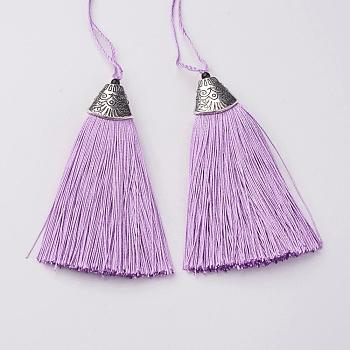 Nylon Tassels Big Pendant Decorations, with CCB Plastic, Antique Silver, Medium Slate Blue, 85x20x10.5mm