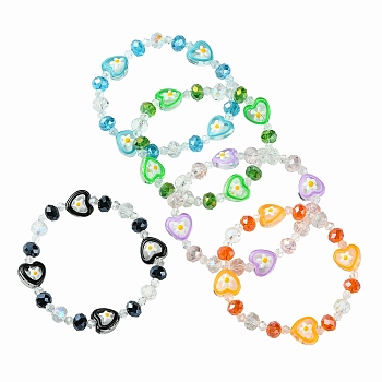 Heart with Flower Glass Beaded Stretch Bracelet, Mixed Color, Inner Diameter: 1-3/4 inch(4.4cm)