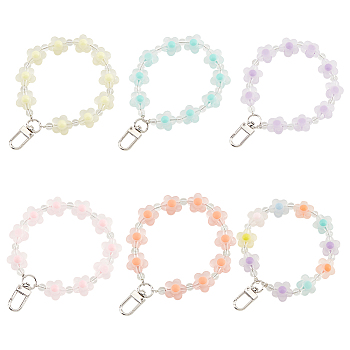 WADORN 6pcs 6 colors Candy Color Flower Beaded Bracelet Resin Pendant Decorations, with Alloy Clasp Charm, for Keychain, Purse, Backpack Ornament, Mixed Color, 145mm, 1pc/color