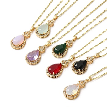Brass Micro Pave Cubic Zirconia Pendant Necklaces,  Glass Jewelry for Women, 201 Stainless Steel Cable Chain Necklaces, Teardrop, Mixed Color, 15.94 inch(40.5cm)