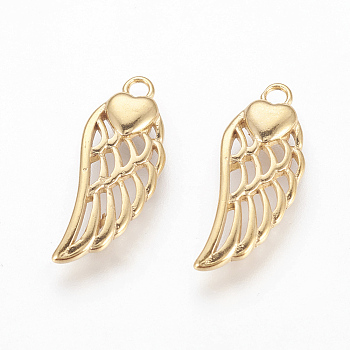 304 Stainless Steel Pendants, Ion Plating (IP), Wings with Heart, Golden, 20x8x2.5mm, Hole: 1.6mm