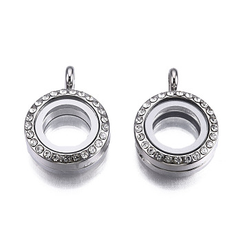 Alloy Magnetic Locket Pendants, with Rhinestone and Glass, Flat Round, Crystal, Platinum, 26x19x8mm, Hole: 3.5mm, Inner diameter: 10.5mm