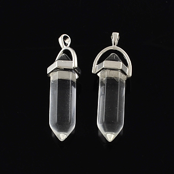 Crystal Stone Pendants with Alloy Findings, Platinum, 40~42x13.5x10mm, Hole: 2mm