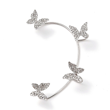Butterfly Crystal Rhinestone Cuff Earrings for Girl Women Gift, Brass Earrings for Non-Piercing Ear, Platinum, 63x41.5x10.5mm