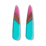 Transparent Resin & Walnut Wood Big Pendants, Teardrop Charms, Turquoise, 53.5x11x3.5mm, Hole: 1.4mm(RESI-M027-05B)