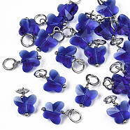 Faceted Transparent Glass Charms, with Iron Jump Ring, Butterfly, Blue, 13~14x9.8x6mm, Hole: 4mm(GLAA-T024-06C)