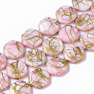 Drawbench Freshwater Shell Beads Strands, Dyed, Hexagon, Pearl Pink, 18~20x17.5~18.5x3.5~5.5mm, Hole: 1mm, about 21pcs/Strand, 15.16 inch~15.98 inch(SHEL-T014-013G)
