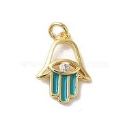 Rack Plating Brass Cubic Zirconia Charms, with Enamel, with Jump Ring, Cadmium Free & Lead Free, Long-Lasting Plated, Hamsa Hand, Real 18K Gold Plated, Dark Turquoise, 14x10.5x2mm, Hole: 1.5mm(KK-G504-18G-02)