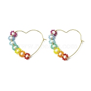 Heart Glass Seed with Brass Hoop Earrings, Colorful, 39x4mm(EJEW-MZ00144)