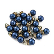 (Defective Closeout Sale: Ring Dyed)ABS Plastic Imitation Pearl Charms, with Resin Rhinestone, Round Charm, Prussian Blue, 13x8mm, Hole: 2.5mm(KY-XCP0001-25G-04)