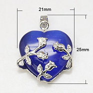 Cat Eye Pendants, with Brass Findings, Heart, Platinum Color, Blue, 23x21x9mm, Hole: 5x4mm(CE-H006-04)