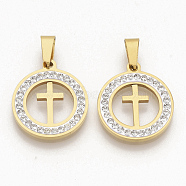 201 Stainless Steel Pendants, with Random Size Snap On Bails and Polymer Clay Crystal Rhinestones, Flat Round with Cross, Golden, 23x20x3mm, Hole: 8~10x3~5mm(X-STAS-N089-30G)