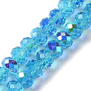 AB Color Plated Transparent Electroplate Beads Strands, Faceted, Round, Deep Sky Blue, 7.5x6mm, Hole: 1mm, about 80~83pcs/strand, 18.31~19.88''(46.5~50.5cm)(X-EGLA-H104-06H)