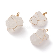 Natural Raw Rough Quartz Crystal Wire Wrapped Pendants, with Golden Eco-Friendly Copper Wire, Nuggets, 32~33.5x21~25x12.5~22mm, Hole: 3mm(PALLOY-JF00575)