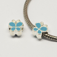 Alloy Enamel Butterfly Large Hole European Beads, Silver Color Plated, Sky Blue, 10x10x7mm, Hole: 4.5mm(MPDL-R036-47F)