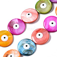 Natural Freshwater Shell Beads Strands, with Enamel, Double-Faced, Flat Round with Evil Eye, Dyed, Mixed Color, 24~25x5~6mm, Hole: 0.9mm, about 16pcs/strand, 15.83 inch(40.2cm)(SHEL-N003-10)
