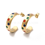 Colorful Enamel Polka Dot Pattern Stud Earrings, Ion Plating(IP)304 Stainless Steel Half Hoop Earrings for Women, Golden, 21x5.5x21mm, Pin: 0.8mm(STAS-H175-19G)