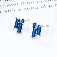 Cubic Zirconia Rectangle Stud Earrings, Silver 925 Sterling Silver Post Earrings, with 925 Stamp, Dark Blue, 8.5x5.8mm(GZ2843-1)