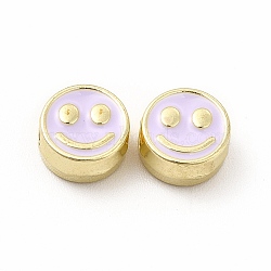 Rack Plating Alloy Enamel Beads, Cadmium Free & Nickel Free & Lead Free, Flat Round with Smiling Face Pattern, Light Gold, Lilac, 7.5x4mm, Hole: 2mm(FIND-G051-01LG-08)