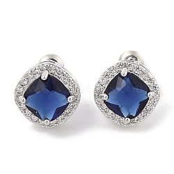 Brass Pave Cubic Zirconia Square Stud Earrings for Women, Platinum, Blue, 12.5x12.5mm(EJEW-I304-21P-09)