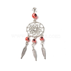 Tibetan Style Alloy Flat Round Net/Web & Feather Pendants, with Round Evil Eye Resin Beads, Red, 9.8cm(HJEW-JM00543-02)