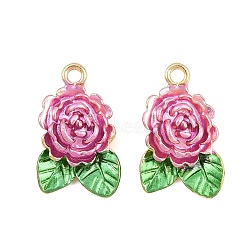 Alloy with Camellia Enamel Pendants, Flower with Leaf Charms, Long-Lasting Plated, Rack Plating, Golden, 20.5x13x6mm, Hole: 1.8mm(AL-CBA1FD3-21G-01)