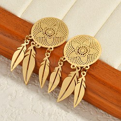 304 Stainless Steel Stud Earrings, Flat Round with Feather, Real 18K Gold Plated, 49.5x20mm(EJEW-U045-01G)