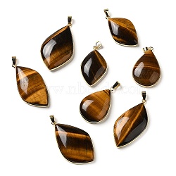 Natural Tiger Eye Pendants, Leaf Charms, with Rack Plating Golden Plated Brass Findings, Cadmium Free & Lead Free, 35.5~46.5x22~27x6.5~8.5mm, Hole: 5.4x4mm(G-R486-03G-C)