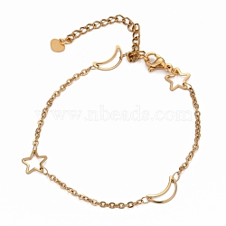 304 Stainless Steel Cable Chain Anklets, with  Moon & Star Link and Lobster Claw Clasps, Golden, 8-7/8 inch(22.5cm)(AJEW-H104-05G)